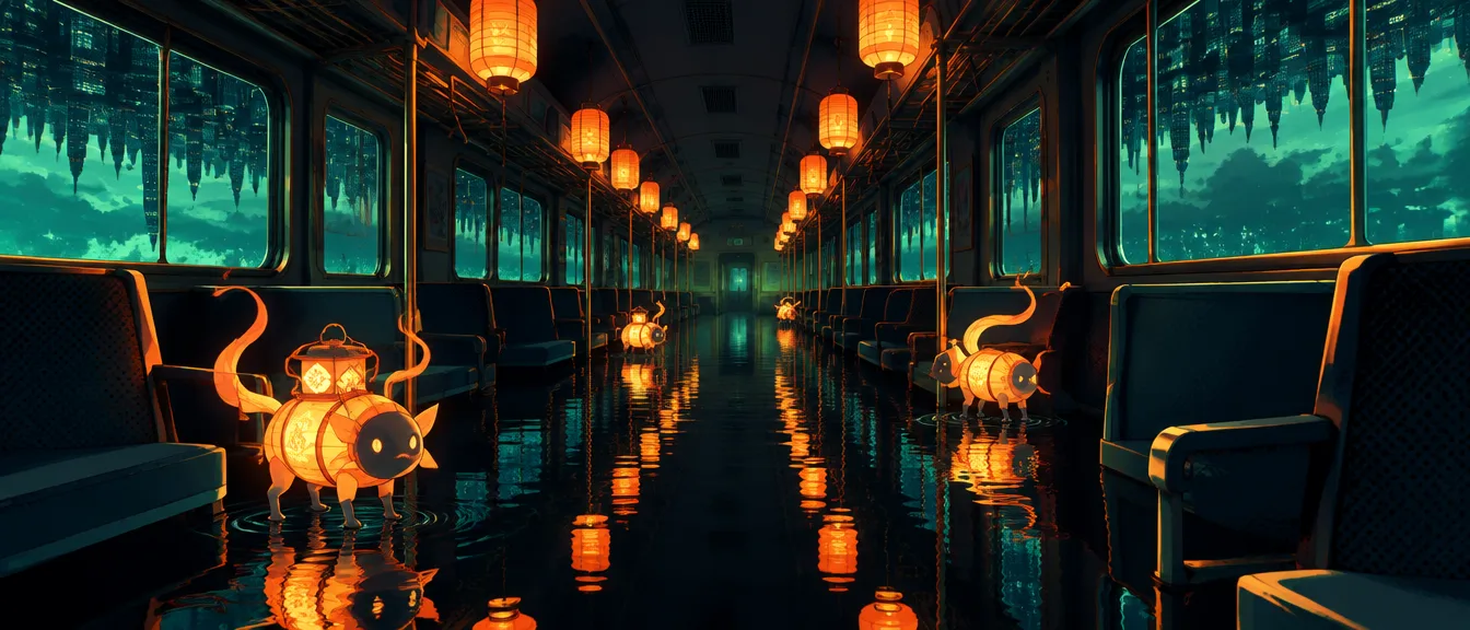 Dungeon Kereta Malam Terendam: gerbong tanpa ujung setengah terendam air hitam, lampion bergantung, binatang lentera kecil menyeberang di antara kursi.