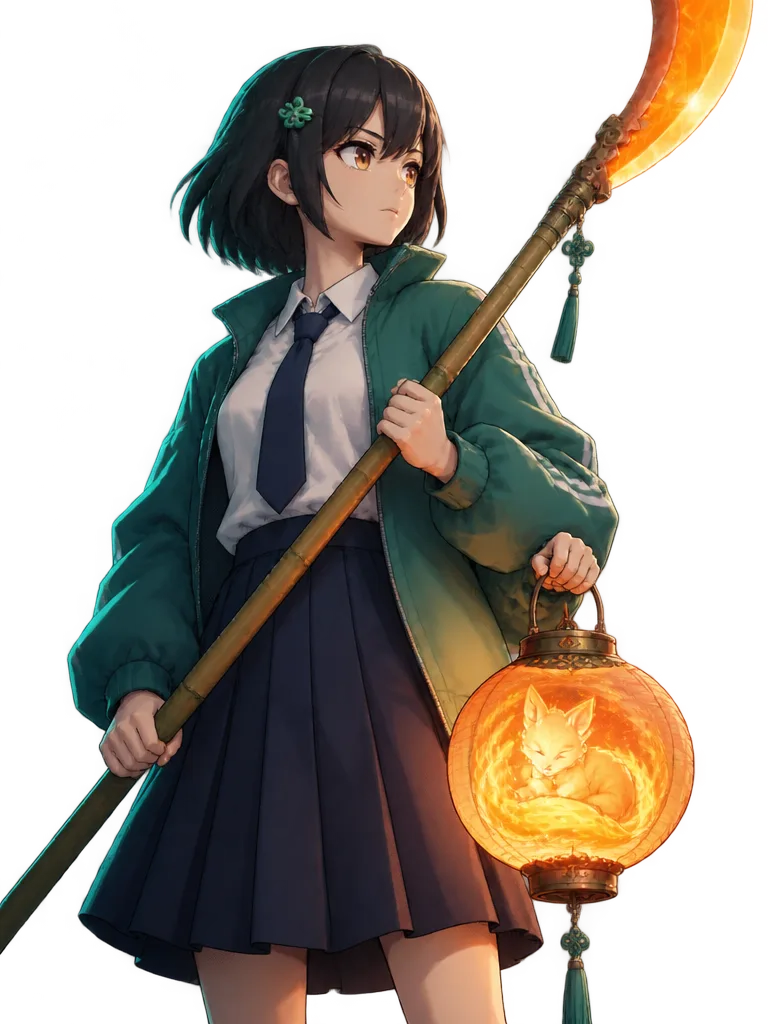 Lin Yu-ting dengan glaive bambu dan lentera roh rubah api, di belakangnya Chen Hao, Mei Shu-fen, Wu Jia-hui, dan Grandpa Lo dengan senjata dan lentera masing-masing.